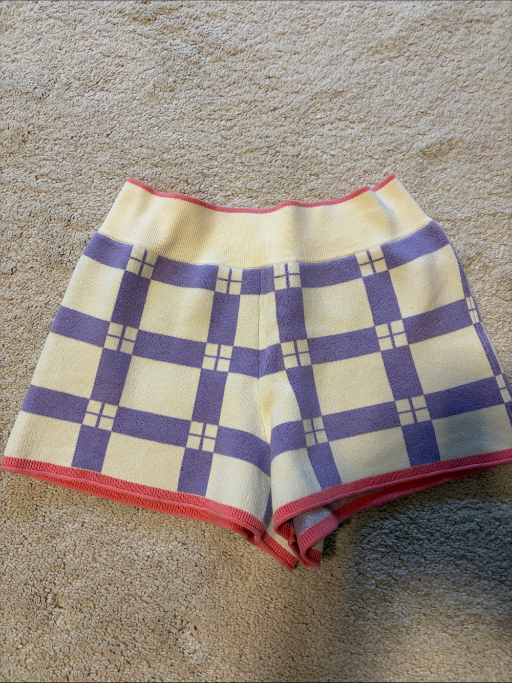 Plaid Knit Bike Shorts in Cream & Purple with Pink Trim